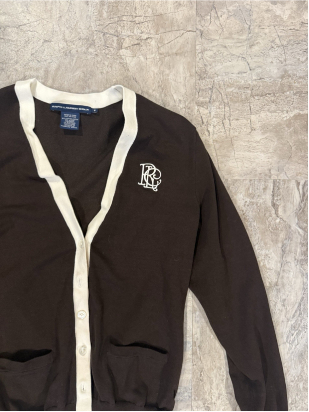 Vintage Ralph Lauren Golf Two Tone Brown Cotton Cardigan Logo M Embroidered